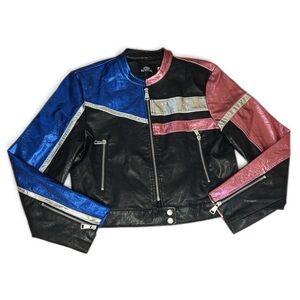 Urban Outfitters UO Snoh Faux Leather Metallic Cropped Moto Rave Jacket sz Large